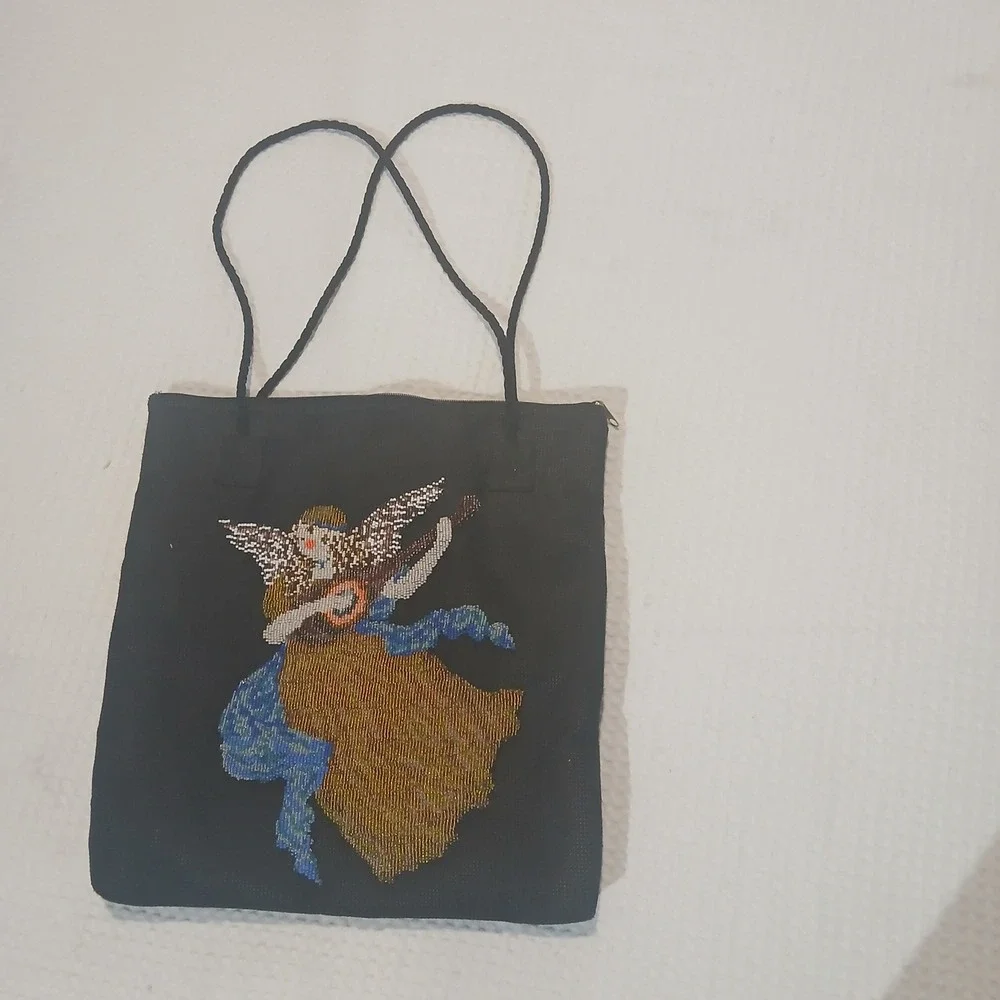 Vintage Beaded Angel Tote Bag Black Canvas Shoulder Bag Folk Art Celestial